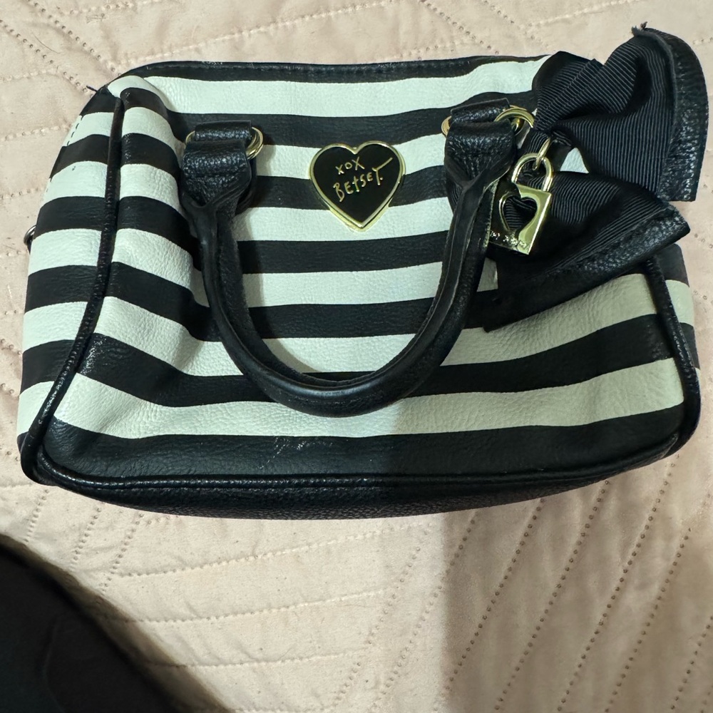 Betsey Johnson Black and White Striped mini Satchel with Gold Hardware